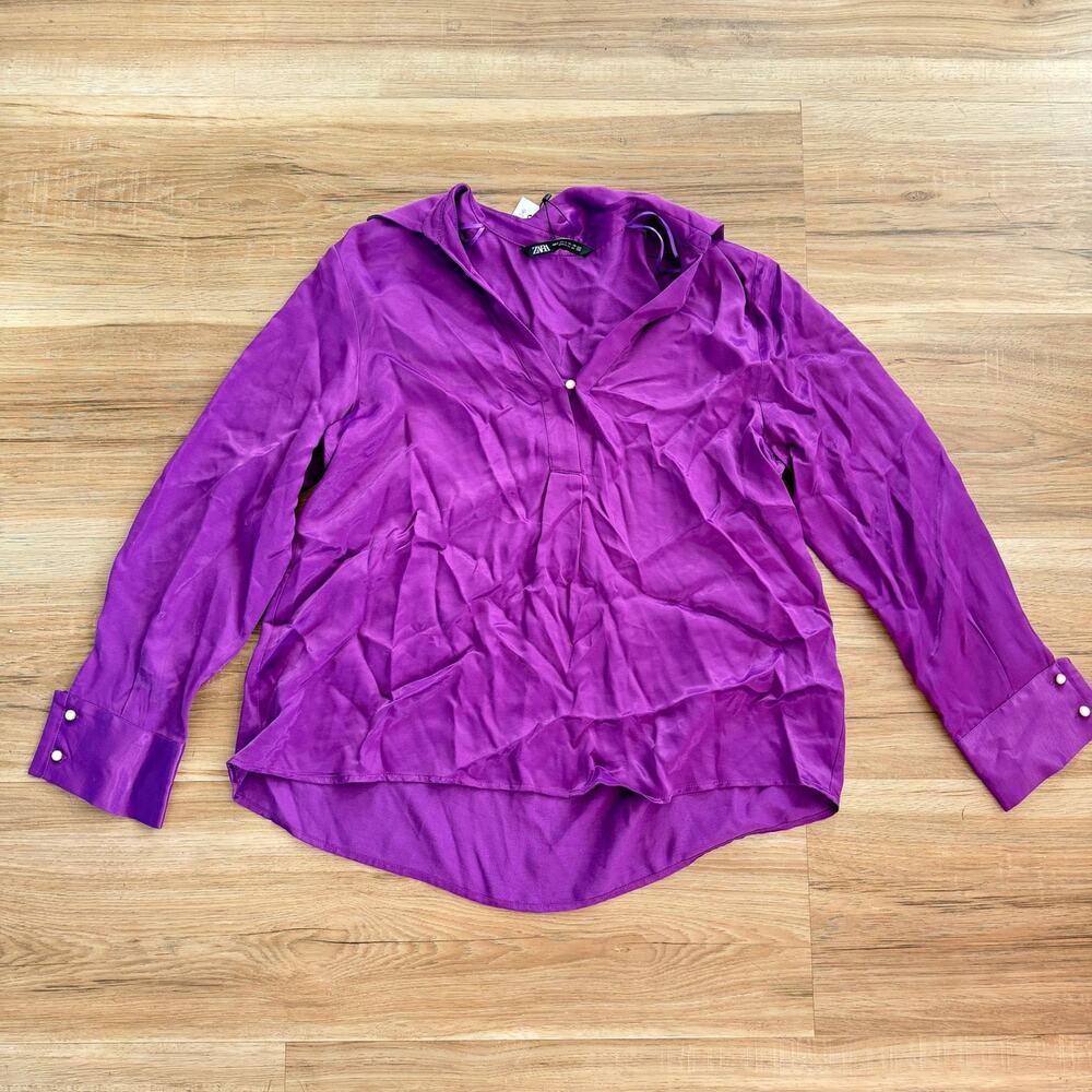 ZARA Purple Satin-Effect Blouse V-Neck High-Low Hem Collared Size M